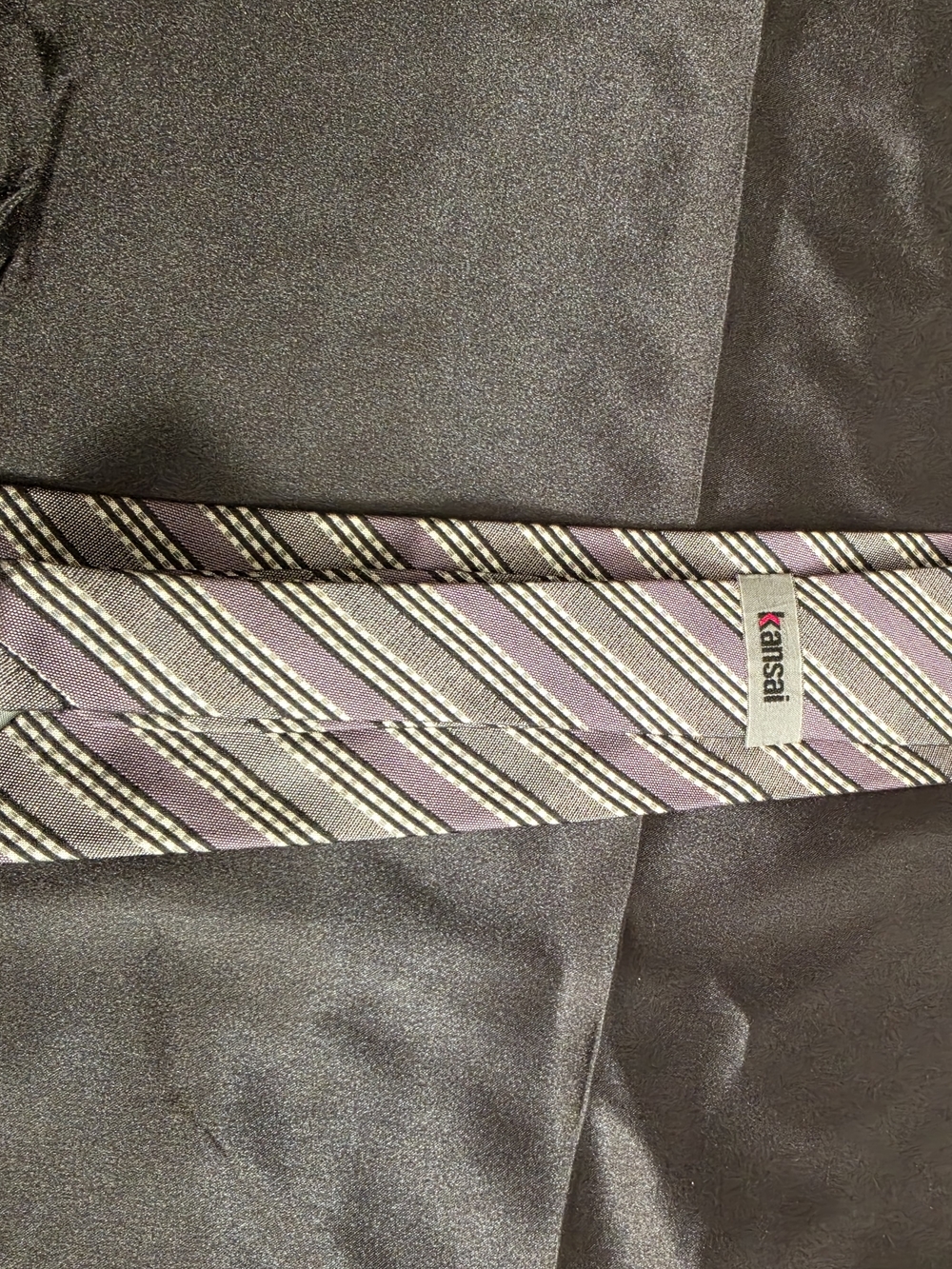 100% Silk Kansai JapanesePurple Striped Men’s Tie - Picture 4 of 6